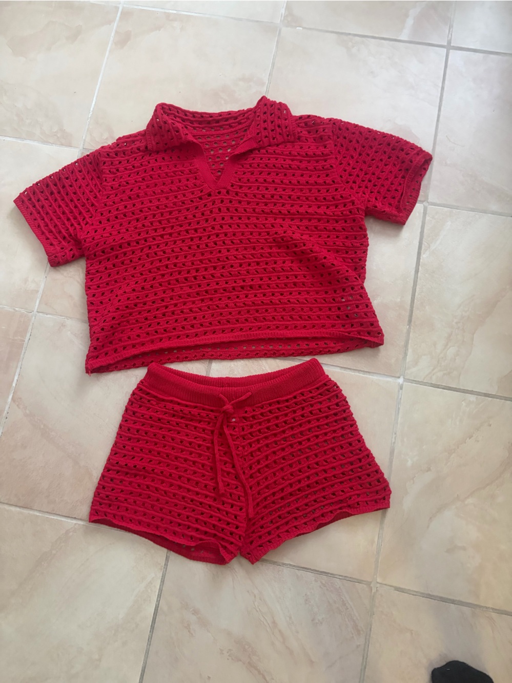 Women’s Red Crochet Knit Drawstring Shorts